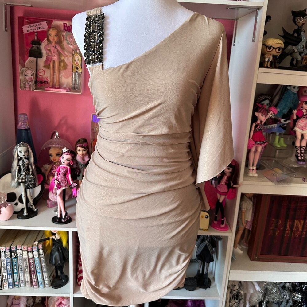 Goddess GDS Metallic Rhinestone One Shoulder Mini Dress L